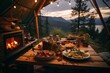 Cena cottagecore en la naturaleza, comida de noche en el camping, cabaña con luces adorable y chimenea comida rustica