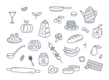 Food And Kitchenware Doodles Vector Set Of Isolated Elements. Cooking Doodle Illustrations Collection Of Utensils, Meal Ingredients, Kitchen Objects. Fruits, Vegetables, Bakery On White Background