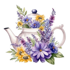 Wall Mural - Watercolor teapot with flowers isolated
