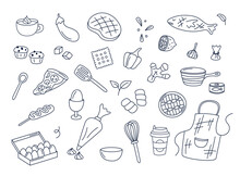 Cooking Doodles Vector Set Of Isolated Elements. Cute Doodle Illustrations Collection Of Utensils, Kitchenware, Food, Meal Ingredients, Kitchen Objects. Fruits, Vegetables, Bakery On White Background