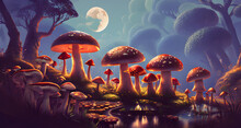 3d Rendered Illustration Of An Image Of Mushrooms, Mushrooms On Forest Floor, Mushrooms Illustration, Fantasy Landscape. AI Generated