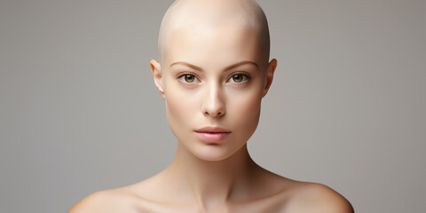 A beautiful bald woman undergoing chemotherapy in the prevention and treatment of breast cancer.