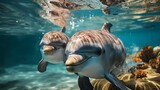 Fototapeta Zwierzęta - dolphins, a pair of marine animals close-up, fish head above the water. Friendly freshwater. Generative AI