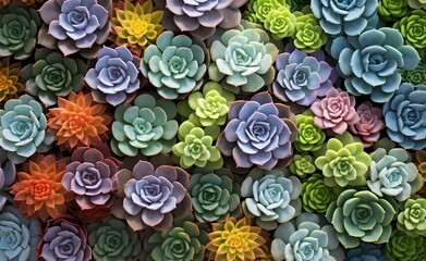 Wall Mural - Arrangement of succulents in various hues. Cactus Pattern. Nature Background. Generatve AI.