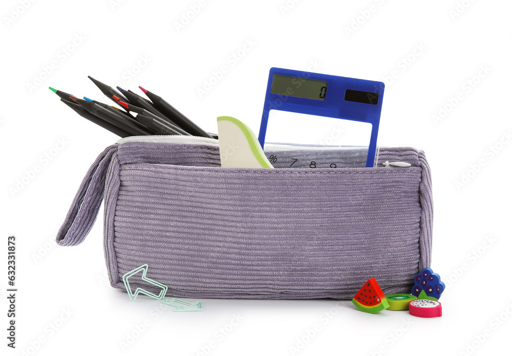 Stylish case with different stationery isolated on white background