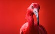 Creative animal concept. Macro shot of red scarlet ibis over red pastel bright background. Generative AI. 