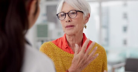 Sticker - Medical, shoulder pain and a senior woman with her doctor in the hospital, talking during a consultation. Healthcare, injury or anatomy and a patient in physiotherapy with a medicine professional