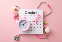 Join The Cause This International Breast Cancer Awareness Month. Top View Photo Of Calendar And Pink Ribbon, Stethoscope, Clock On A Pastel Pink Isolated Background, With Space For Text Or Advertising