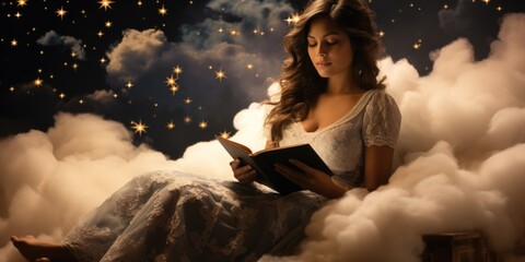 A woman sitting on a cloud reading a book. AI.