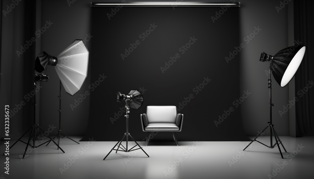 Interior of modern photo studio with chair and professional equipment ...