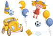 Vector image of a children's set with various toys that will suit both girls and boys. EPS 10