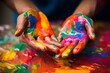 © Yuliia - Close up artists hands unrecognizable painter woman man female male showing dirty palms painted painting creating art therapy paints colors drawing colorful picture artwork workshop hobby draw