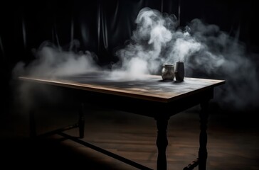 Canvas Print - Empty wooden table with smoke float up on dark background, perspective wooden floor shelf table, used as a studio background wall to display your products. AI Generative.