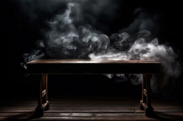 Canvas Print - Empty wooden table with smoke float up on dark background, perspective wooden floor shelf table, used as a studio background wall to display your products. AI Generative.