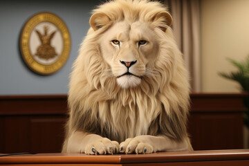 A white lion or albino lion who is a president, sitting on a podium giving a speech. Politician. King