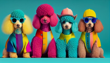 colorful poodle dog puppy, puppy in groups with colorful style in party style. Generative in ai