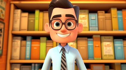 Wall Mural - A cartoon man with glasses and a tie standing in front of a bookshelf. AI.