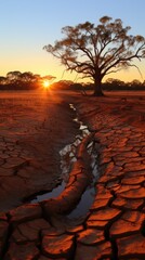 Canvas Print - The sun is setting behind a tree in the desert. AI.