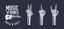 Music, Guitar Shop, Rock N Roll Elements. Set Of 3 Skeleton Hands. Bones Hand Gestures. Gesture Of Peace, Rock, Middle Finger. Vector Illustration