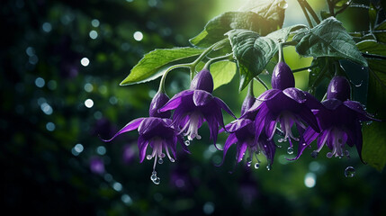 Belladonna Elegance: Intriguing Spring Garden Presence. Elegantly portrayed Belladonna. the deadly nightshade. adding an air of intrigue and allure to a photorealistic spring garden. Generative ai