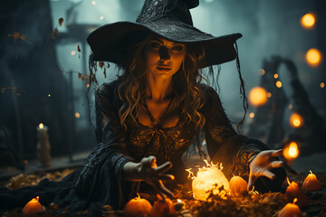 Wall Mural - Dark and beautiful witch conjures on Halloween night. Fairy tales. Halloween magic