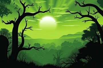 Wall Mural - Around dusk, Sporadic Sunlight Filters Through a Forest's Trees. Generative AI