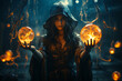 Dark and beautiful witch conjures on Halloween night. Fairy tales. Halloween magic