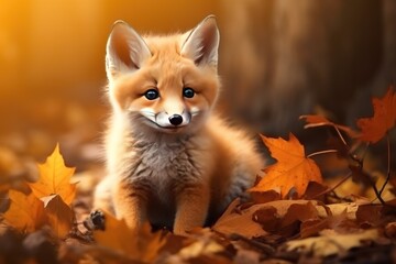 close-up portrait little cute fox on the background of the autumn forest