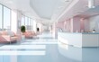 © Vladislava - Empty modern hospital corridor, clinic hallway interior background with white chairs for patients waiting for doctor visit. Contemporary waiting room in medical office, blue, pink pastel, AI Generated