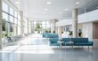 © Vladislava - Empty modern hospital corridor, clinic hallway interior background with white chairs for patients waiting for doctor visit. Contemporary waiting room in medical office, blue, pink pastel, AI Generated