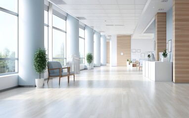 Wall Mural - Empty modern hospital corridor, clinic hallway interior background with white chairs for patients waiting for doctor visit. Contemporary waiting room in medical office, blue, pink pastel, AI Generated