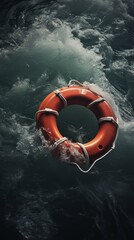 Wall Mural - Lifebuoy floats in rough sea waters. Safety and rescue concept. Generative AI