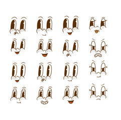 Rtero Cartoon faces vector illustration. Funny face expressions, emotions. 70s, 60s old animation eyes and mouths elements. Vintage comic smile for character vector set