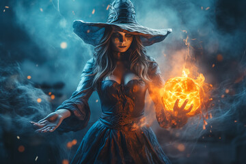 Wall Mural - Dark and beautiful witch conjures on Halloween night. Fairy tales. Halloween magic