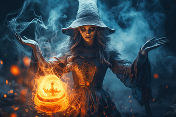 Wall Mural - Dark and beautiful witch conjures on Halloween night. Fairy tales. Halloween magic