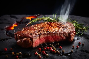 Wall Mural - grilled beef steak on a dark background. expensive marbled beef of the highest grade fried to rare on the grill | Generative AI