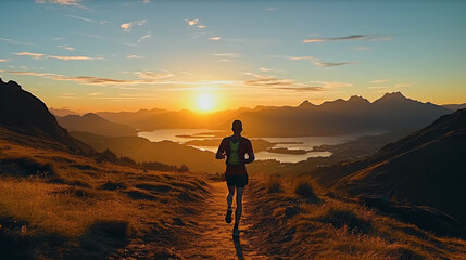trail runner is running across beautiful mountain range.