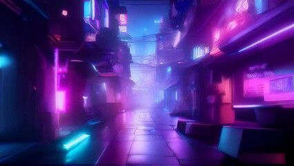 Wall Mural - a closeup view of a dark alleyway lined with glowing neon signs and illuminated by colorful spotligh