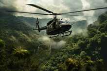 War Helicopter Flying Over Vietnam Jungle, War Concept. Generative AI
