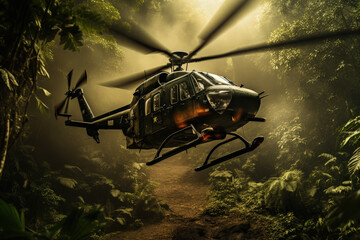 Wall Mural - War helicopter flying over vietnam jungle, war concept. Generative AI