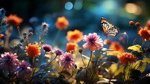 A Beautiful Summer Nature Setting With Golden Light, Flowers, And Butterflies. Generative AI. 