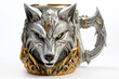 Mug with the face of a wolf, made of silver with golden details, white background. Generative AI