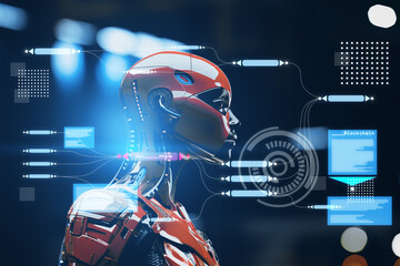 Humanoid robot or cyborg working with virtual HUD interface. Double exposure. Generative AI