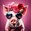 Beautiful cool pig portrait in sunglasses with flowers on head