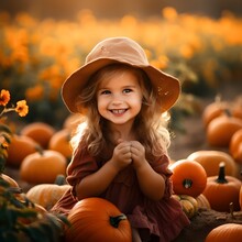 Little Girl Is Helping And Picking Pumpkins At The Farm, Village, Cottagecore, Thanksgiving Day,  Natural Soft Sun Light, Generated AI