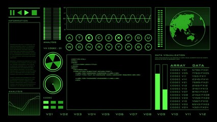 Grapical user interface data security. Green futuristic HUD GUI element screen theme, Motion graphics data technology computer user interface