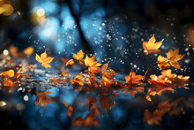 Beautiful Autumn Banner. Maple Leaves Foliage On Dark Blue Background