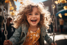 Adorable Child Swings Back And Forth On A Swing In The Playground, Their Laughter Blending With The Rustling Of Autumn Leaves, Creating A Heartwarming Scene