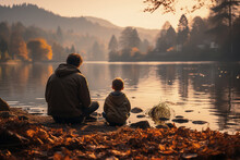 Dad And Son Enjoy A Peaceful Day Of Fishing Together At The Lake During Their Autumn Family Trip, Creating Cherished Memories And Strengthening Their Bond At Sunset