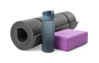 Sticker - Grey exercise mat, yoga block and bottle of water isolated on white